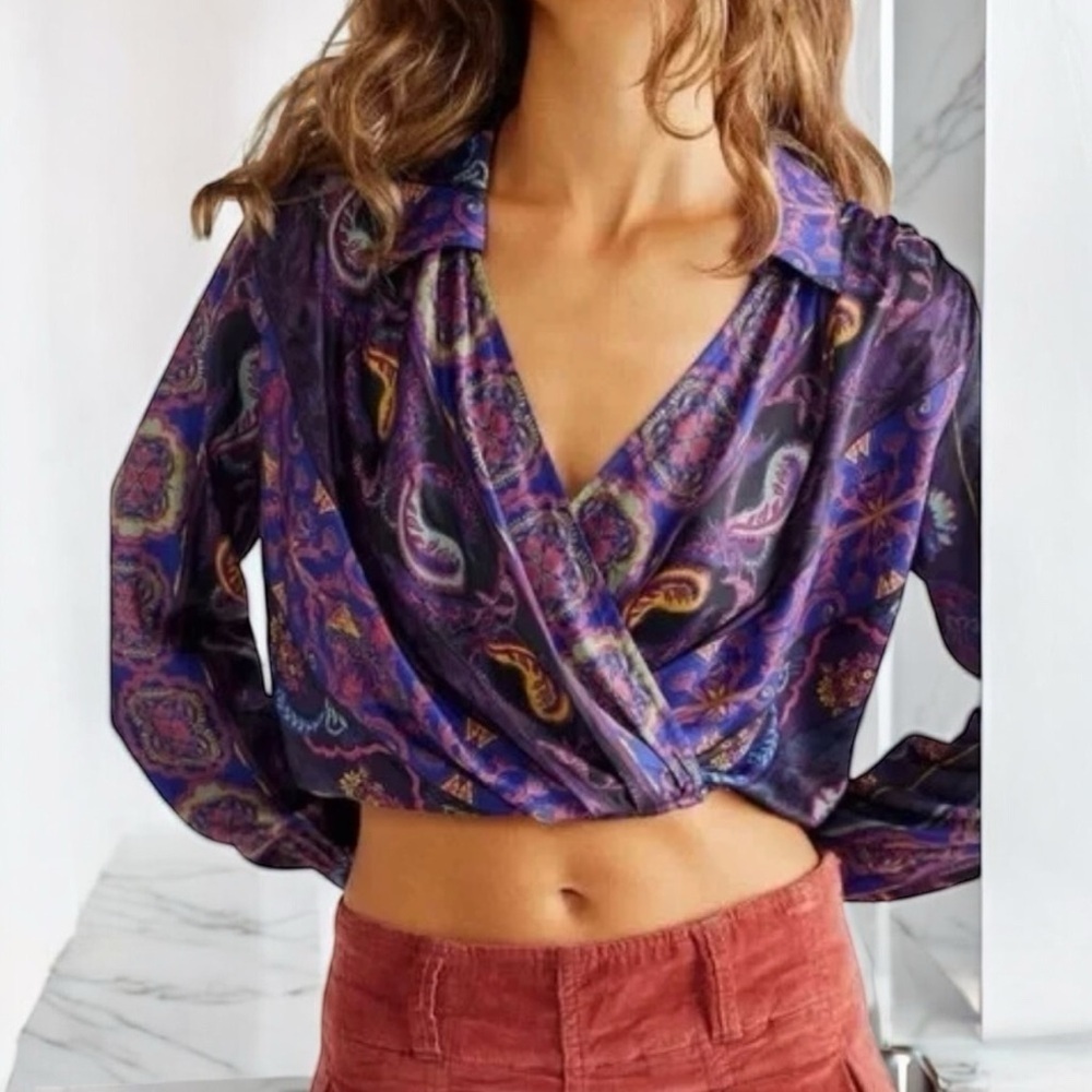 Free People Lana Printed Surplice Wrap Crop Top size M